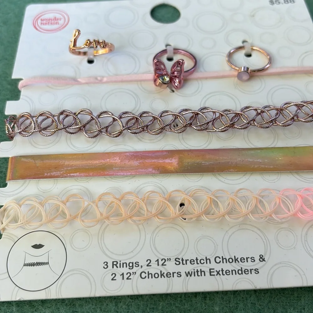 NWT Wonder Nation 4 12” Chokers 2 Extenders 3 Rings Set Butterfly Love Stretch